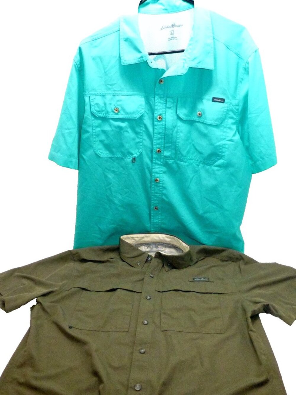 2 Eddie Bauer fishing sports shirts large L turquoise blue khaki green lot